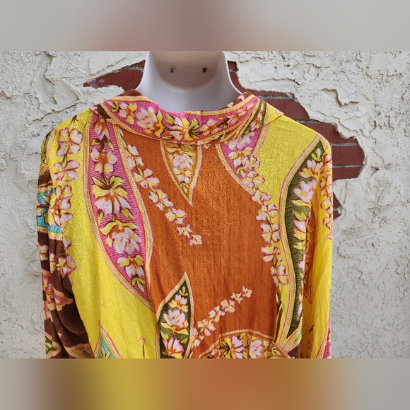 MEDIUM HAUTE HIPPIE faux wrap yellow floral boho collar crop shirt pullover - Picture 13 of 16